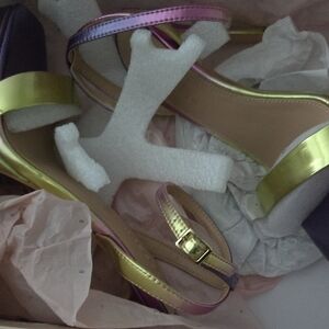 BCBGeneration Metallic Gold and Iridescent Pink Strappy Heels